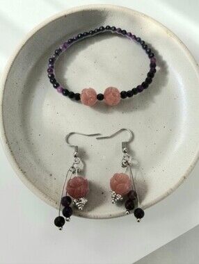 Handcrafted Purple Tigers Eye Bracelet And Earring Set